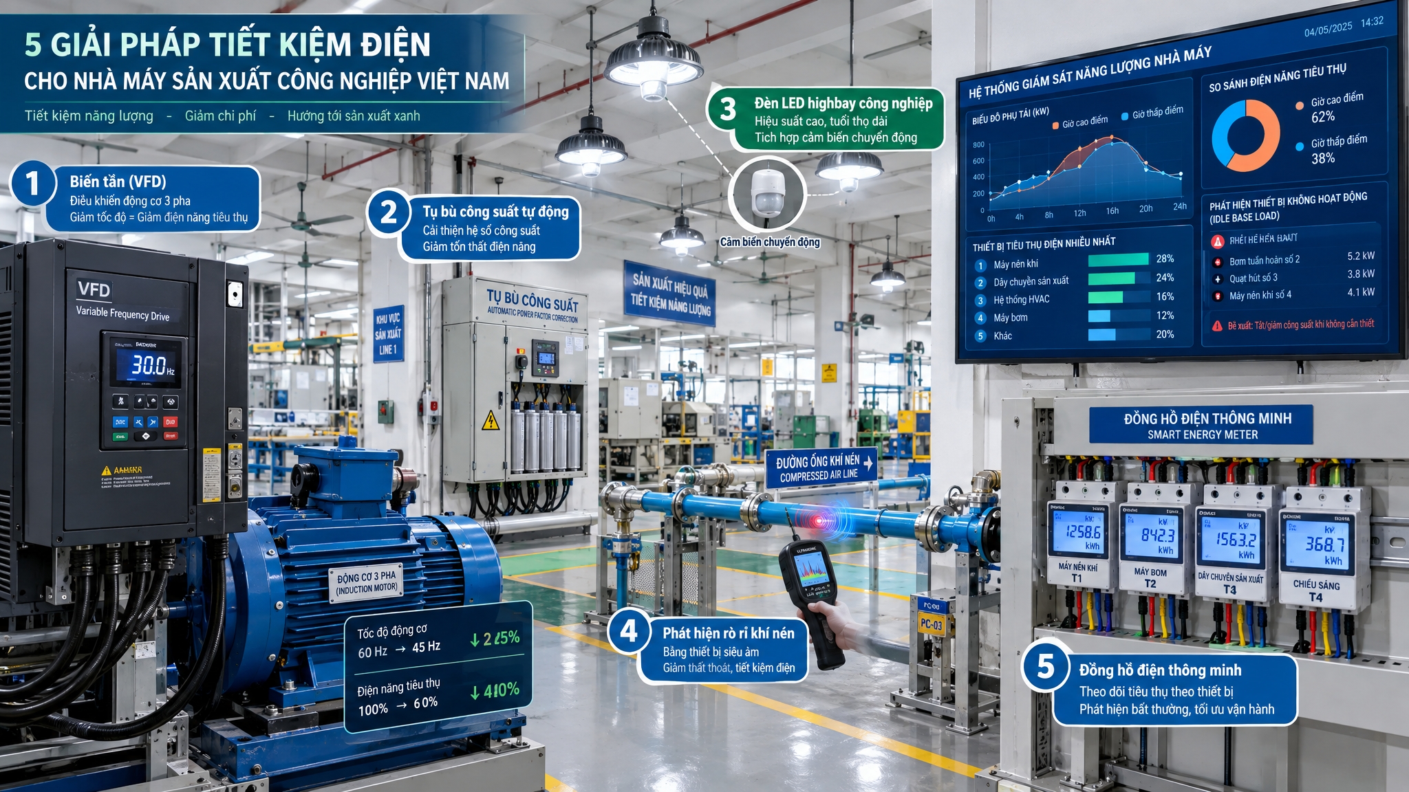 Tiết kiệm điện trong nhà máy: những điểm rò rỉ năng lượng hay bị bỏ qua